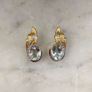 Orecchini in Oro con Acquamarina e Diamanti Naturali Foglie incise