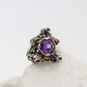 Anello in Argento e Oro con Ametista e Pietre colorate - Collezione Marte