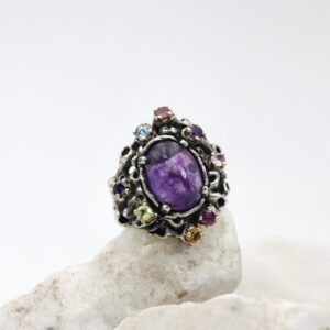 Anello in Argento e Oro con Ametista e Pietre colorate – Collezione Marte