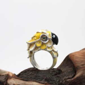 Anello in argento e oro Pappagallo smaltato giallo e Diamanti blu