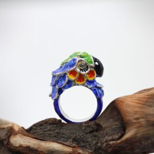 Anello in argento e oro Pappagallo smaltato e Diamanti blu