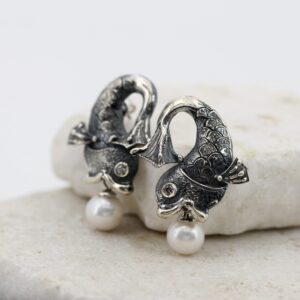 Orecchini Pesci in argento con Perle e Diamanti grey