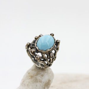 Anello in argento e oro con Pietra Turchese e 8 Diamanti grey