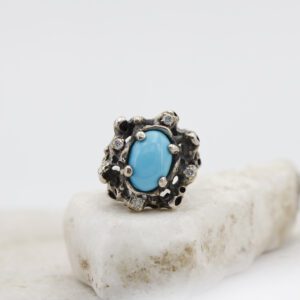 Anello in argento e oro con Pietra Turchese e 4 Diamanti grey