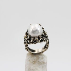 Anello in Argento con castoncini in Oro - Perla e Diamanti naturali